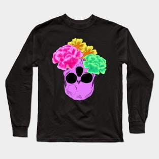 Bright Neon Purple Upside Down Skull Wit Neon Pink Neon Green and Yellow Flowers Long Sleeve T-Shirt